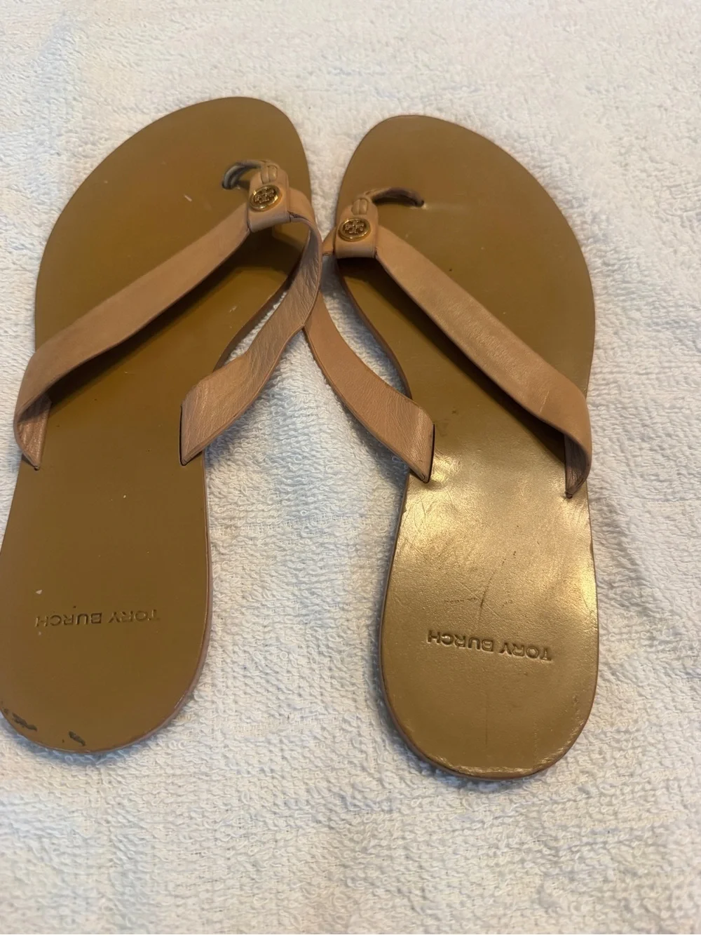 Tory Burch Leather Tan Brown Logo Flip Flop Sandals